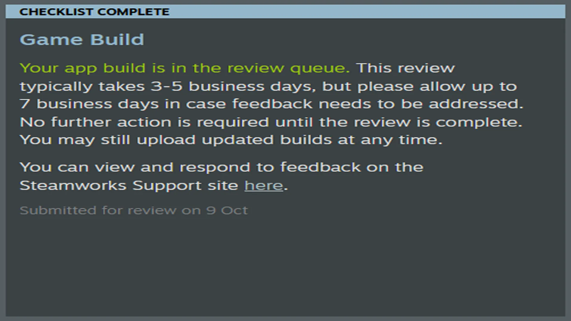 Steam screen showing the build waiting in the review queue.